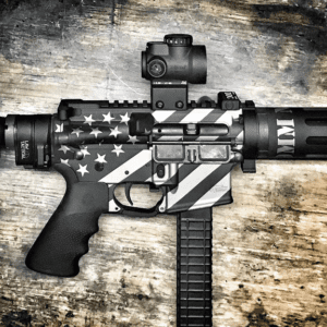 AMERICAN RESISTANCE AR9 BREAKDOWN PISTOL WITH CUSTOM CERAKOTE, LAW TACTICAL, PANTHEON ARMS DOLOS BARREL SYSTEM.