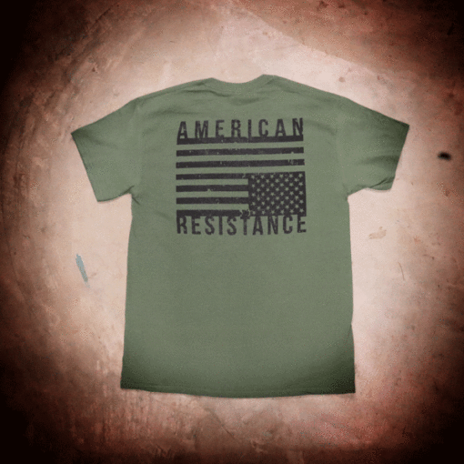 AMERICAN RESISTANCE OD GREEN SHORT SLEEVE SHIRT WITH DISTRESS FLAG