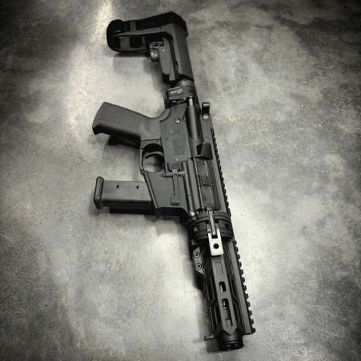 AMERICAN RESISTANCE 9MM GLOCK MAGAZINE TAKEDOWN AR PISTOL WITH LAW TACTICAL FOLDING BRACE ADAPTER, CRY HAVOC TACTICAL QRB, SBA3 BRACE.