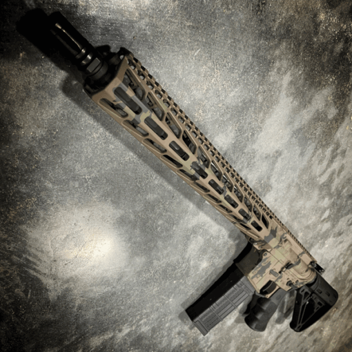 AMERICAN RESISTANCE CUSTOM AR15 RIFLE WITH 16" BARREL, CHAMBERED IN 223/556, WITH CUSTOM CAMO CERAKOTE