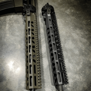 AR15 TAKEDOWN RIFLE WITH OD GREEN CERAKOTE, CRY HAVOC TACTICAL QRB, 300 BLACKOUT AND 556 CALIBERS.