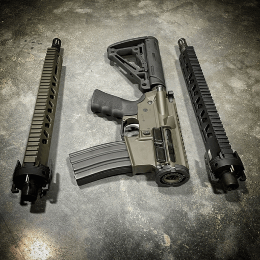 AR15 TAKEDOWN RIFLE WITH OD GREEN CERAKOTE, CRY HAVOC TACTICAL QRB, 300 BLACKOUT AND 556 CALIBERS.