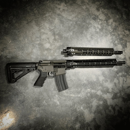 AR15 TAKEDOWN RIFLE WITH OD GREEN CERAKOTE, CRY HAVOC TACTICAL QRB, 300 BLACKOUT AND 556 CALIBERS.