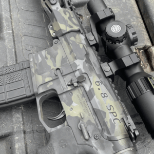 BLACK MULTICAM CERAKOTE ON AR15 RIFLE CHAMBERED IN 6.8SPC WITH SIG SAUER SCOPE