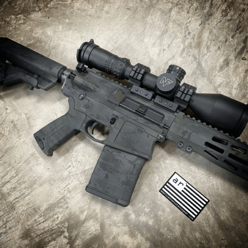 URBAN MULTICAM CERAKOTE, AR10 308. 16" BARREL, NIGHT FORCE NX8 SCOPE, DARK MULTICAM CERAKOTE.