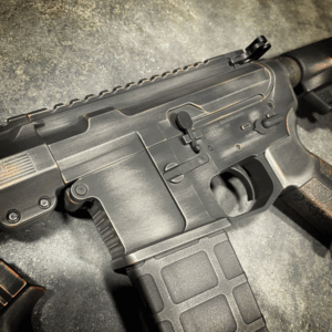 CUSTOM AR15, GLOCK 43 PISTOL, TACTICAL KNIFE, WITH BATTLEWORN CERAKOTE, HANDMADE KNIFE, 16" 556/223 AR15 WITH BILLET RECEIVER SET, B5 SYSTEMS STOCK AND GRIP BY AMERICAN RESISTANCE