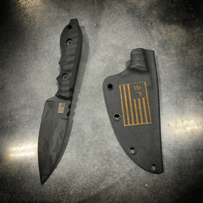 HANDMADE CUSTOM TACTICAL KNIFE MADE BY BC BLADEWORKS, WITH CUSTOM CERAKOTE, DARK MULTICAM AND KRYPTEK WITH KYDEX SHEATH.