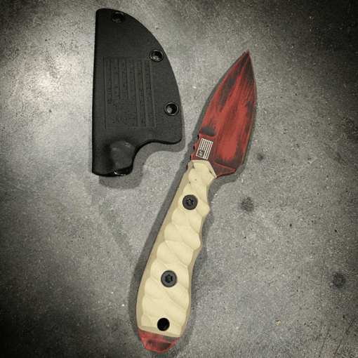 AMERICAN RESISTANCE CUSTOM TACTICAL KNIFE MADE BY BC BLADEWORKS WITH CUSTOM CRIMSON RED CERAKOTE, AND KRYDEX SHEATH.