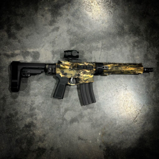 Takedown AR15 with Jungle Cam Cerakote pattern, cry havoc tactical orb, law tactical folding stock adapter, sba3 pistol brace, we the people handugard