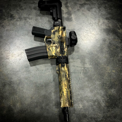 Takedown AR15 with Jungle Cam Cerakote pattern, cry havoc tactical orb, law tactical folding stock adapter, sba3 pistol brace, we the people handugard